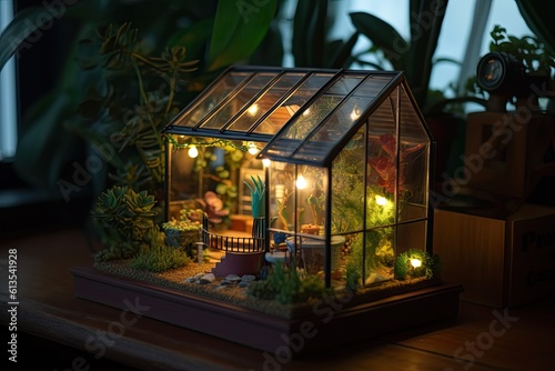 Cute Mini Greenhouse Garden: A Diorama of Indoor Planting and Nature Illuminated with Lights, Generative AI