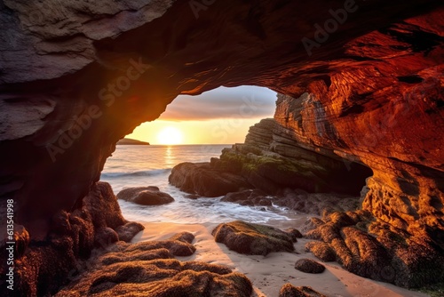Sunset Cave Along the Coastline: A Coastal Nature Landscape of Rocks and Water. Generative AI
