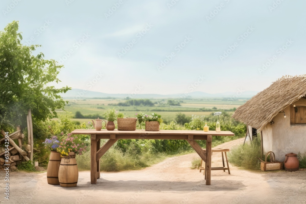a rustic wooden table placed on a dirt road amidst nature