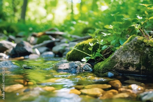 a serene forest stream surrounded by lush greenery