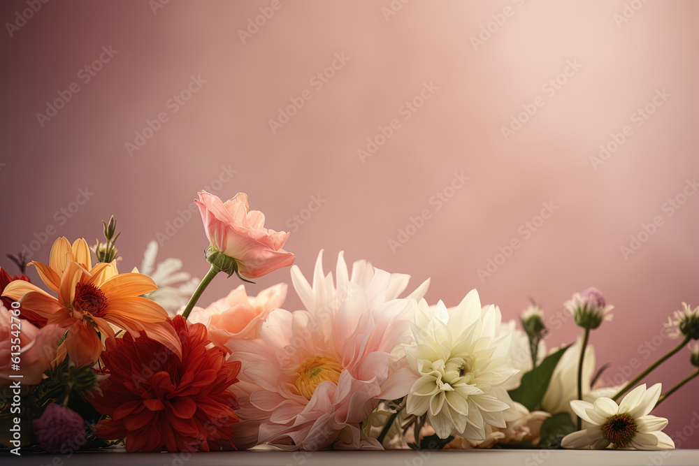 Floral composition with fresh colorful flowers on pink gradient background. Women's Day, Mother's Day