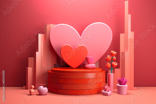 Illustration of happy valentine's day podium with red hearts, accessories and smooth gradient background