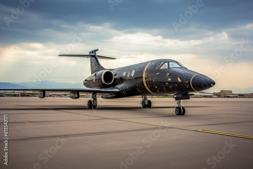 A black jet airplane sitting on a runway