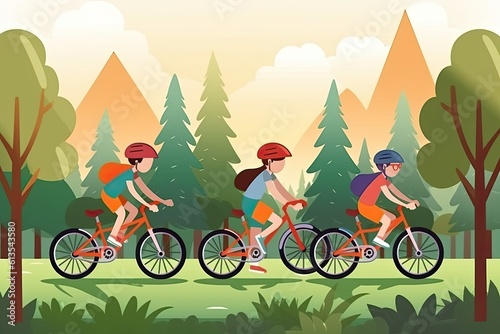 Illustration of kids riding their bikes in a park 