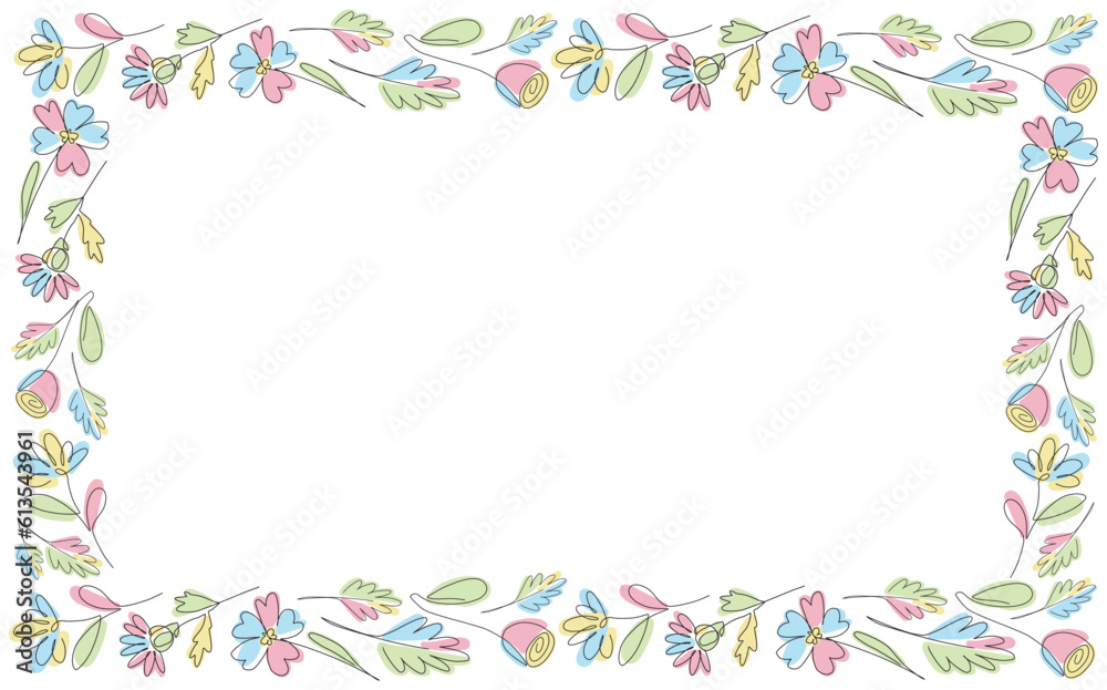 Vector one line flowers frame, pastel floral rectangle border, simple wedding plant invitation card Vector one line flowers frame, pastel floral rectangle border, simple wedding plant invitation card