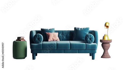 Blue sofa and decoration object in Midcentury style. set of decor items and furniture isolated on transparent or white background © Eli Berr