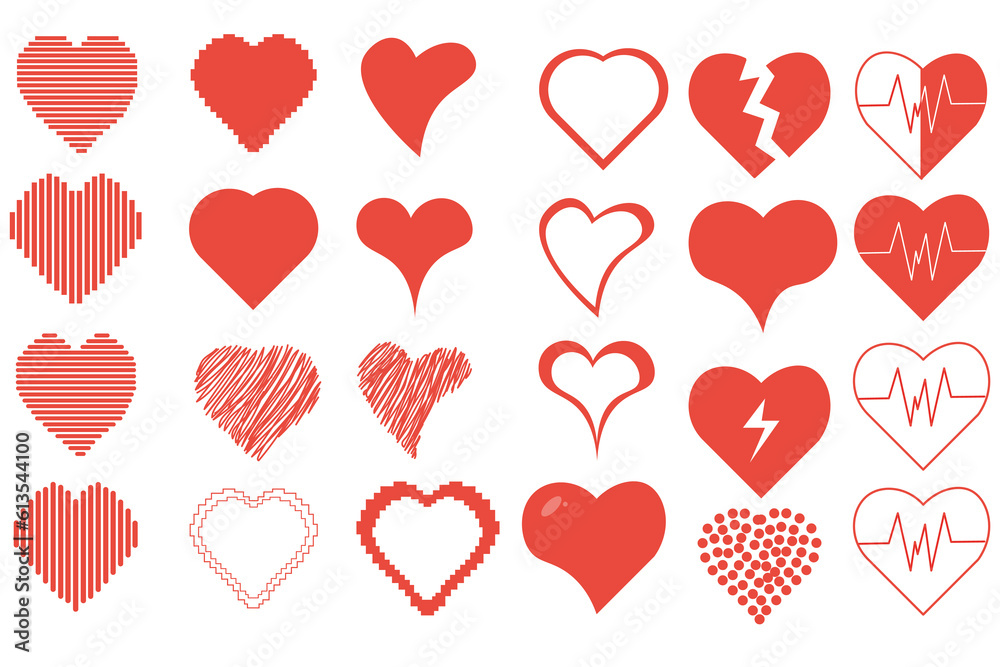 Heart Set with different shapes. Collection red Hearts isolated on white background. Cardiogram symbol. Vector illustration.