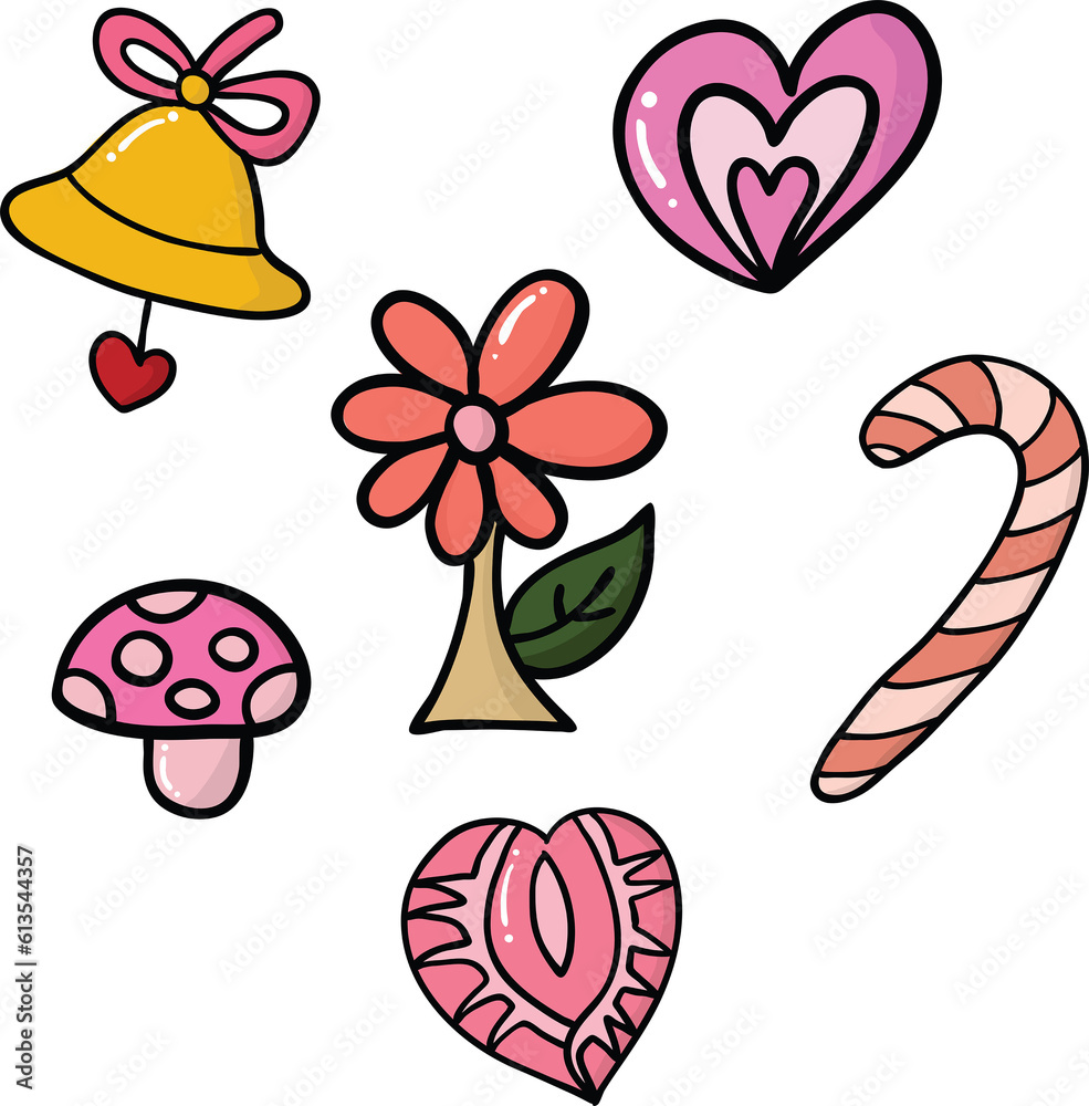 Group of bell heart flower mushroom and candy Group of bell heart flower mushroom and candy