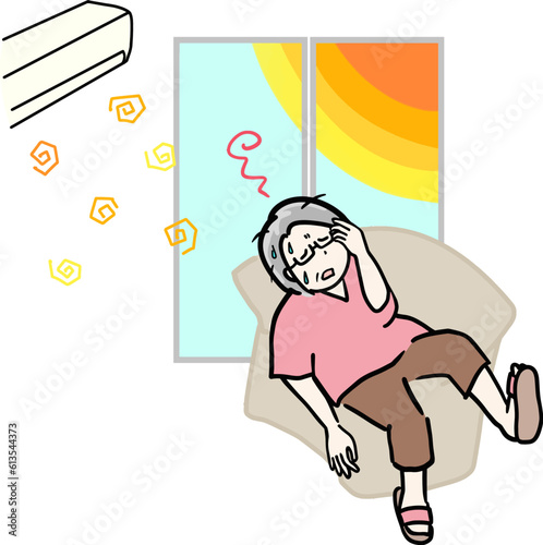 夏の暑い部屋で調子の悪くなったシニア女性のイラスト