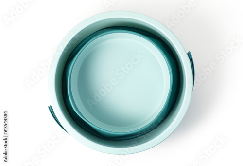Fotografia collapsible plastic bucket isolated on white background, top view