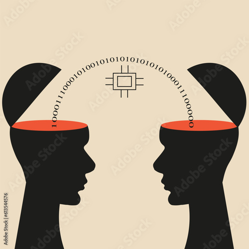 Human Head Silhouette with binary code and microchip between them isolated on light background. Knowledge sharing. Mental Connection of programmers. Vector Art. Square poster. Retro style. 60's 