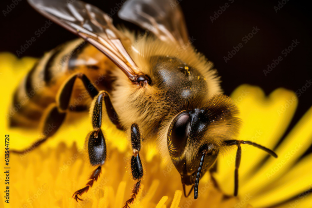A close-up shot of a busy honeybee collecting nectar from a vibrant flower, highlighting the importance of pollination in the ecosystem A close-up shot of a busy honeybee collecting nectar from a vibrant flower, highlighting the importance of pollination in the ecosystem