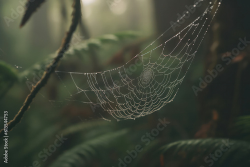 A close-up shot of a spider web glistening with dewdrops, showcasing the delicate craftsmanship and resilience of these arachnids