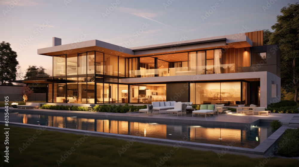 modern house exterior, richly layered, luxurious opulence, light amber and bronze (Generative AI)