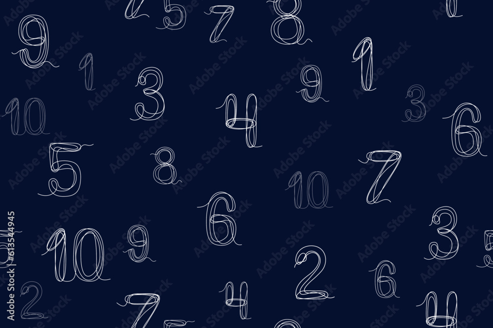 Seamless pattern of numbers.
Arabic numerals icons on dark blue background. Wallpaper design, modern style, fabric, textile, packaging. Seamless pattern of numbers.
Arabic numerals icons on dark blue background. Wallpaper design, modern style, fabric, textile, packaging.