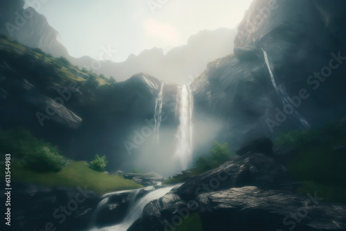A breathtaking waterfall cascading down a lush green mountainside, surrounded by dense foliage and misty atmosphere