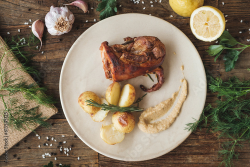 Roasted pork with vegetables and spices, baked potatoes, sauce on a white plate on wooden table, surrounded by fresh ingredients, top view