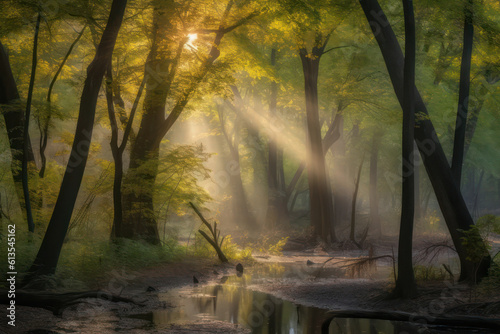 A tranquil forest with sun rays filtering through the tall trees, creating a magical atmosphere and a sense of serenity