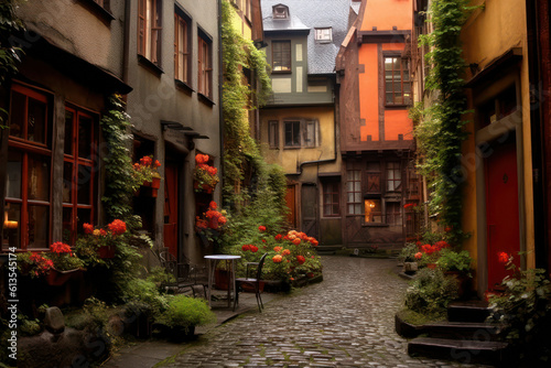 An enchanting alleyway in an old European town, with cobblestone streets, colorful buildings, and hanging flower baskets, evoking a sense of nostalgia and wanderlust