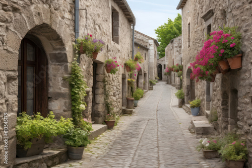 An enchanting alleyway in an old European town  with cobblestone streets  colorful buildings  and hanging flower baskets  evoking a sense of nostalgia and wanderlust