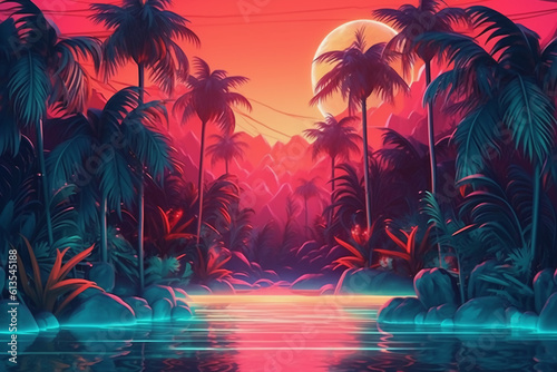 Persperctive background of a summer scene with water, palms and neon colors. AI generative © SANGHYUN