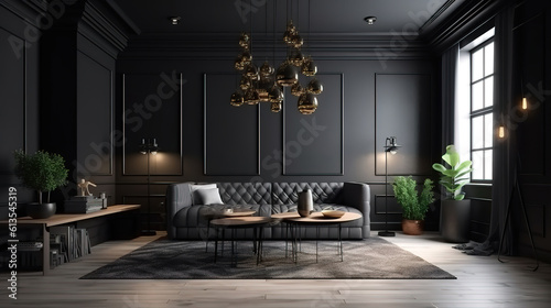 Black living room interior, Scandinavian style, 3d render. Generative Ai