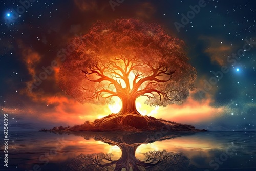 A Spectacular Tree of Life Radiating and Glowing at an Epic Sky Background. Generative AI