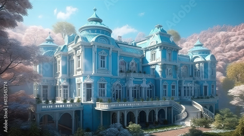 Luxury palace in mountains  3d render  Bright color. Generative Ai