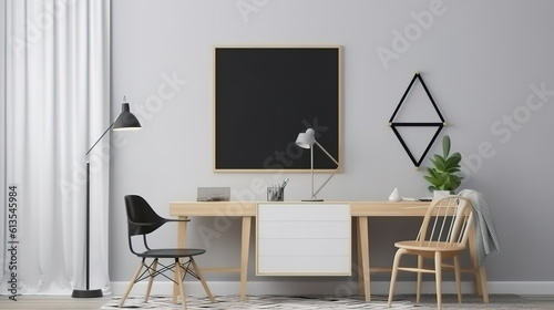 Mock up poster frame in living room, working area, Scandinavian style. Generative Ai