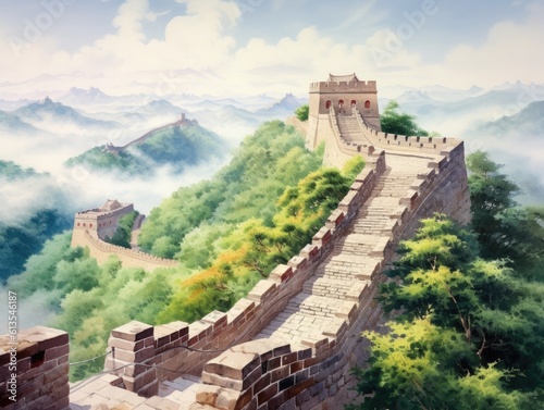 Photographie watercolor painting of Great Wall of China in mist