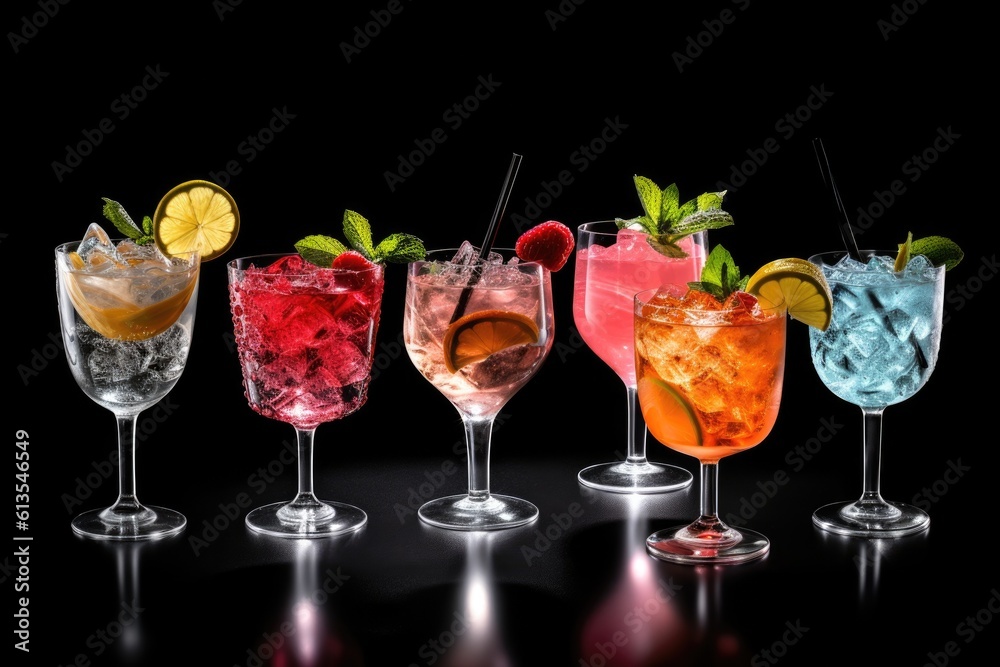 colorful row of glasses filled with a variety of drinks