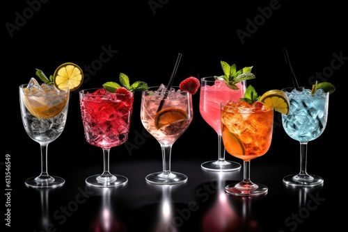 colorful row of glasses filled with a variety of drinks