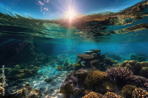 Illustration of a colorful coral reef with rays of sunlight shining through the water, Generative AI © Virginie Verglas