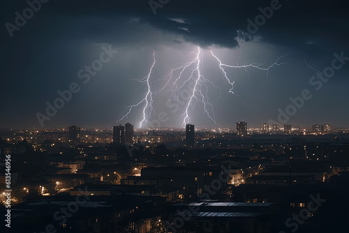 Thunderous Night Skyline. Experience the intense atmosphere as lightning strikes cast an ethereal glow over the city skyline at night. Copy space. Urban concept AI Generative