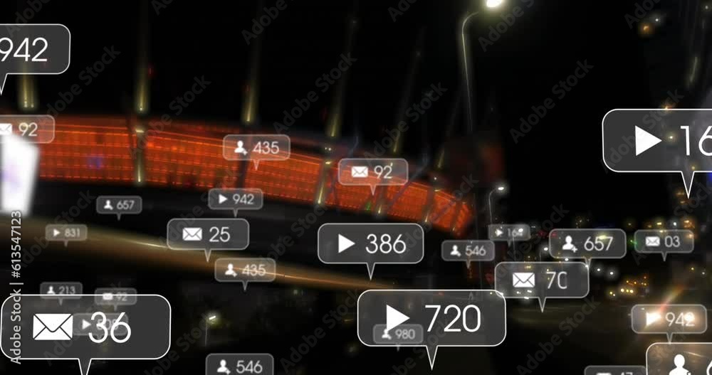 Animation of social media icons against night city traffic