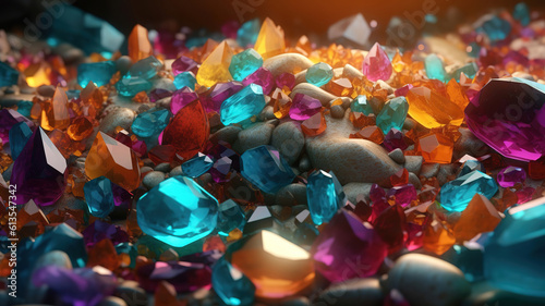 Colorful Crystals and Stones Background 3d illustration. Generative Ai