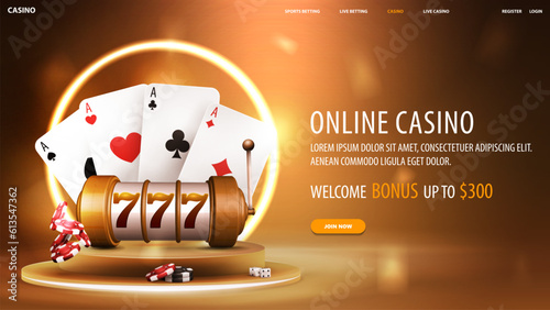 Online casino, gold banner with offer, casino slot machine and playing cards on gold podium with neon ring