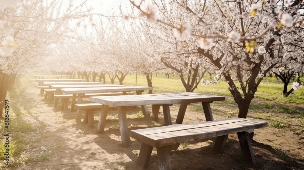 Gardening in Spring: A Cherry Blossom-Filled Fruit Farm Landscape with Wooden Shelf and Table: Generative AI