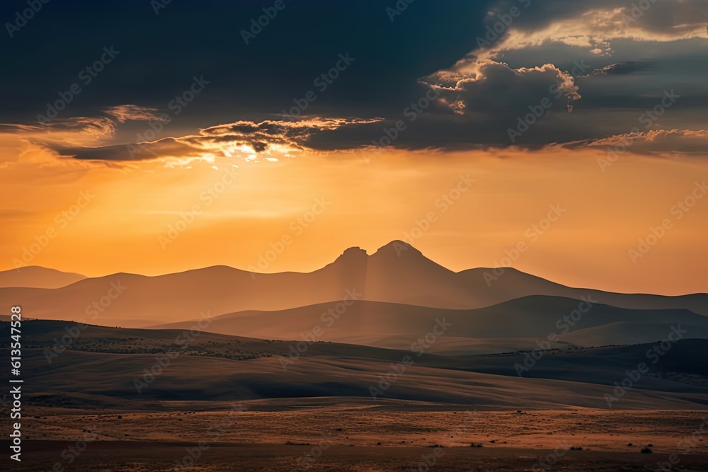 Majestic Scene of Nature: Vastness & Solitude Captured in Dramatic Sunset over Remote Mountain Range & Long Shadows Across Landscape: Generative AI