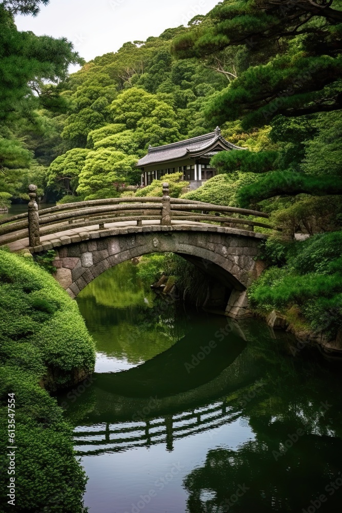 Japanese Palace Bridge Immersed in Nature: A Serene Lake Surrounded by Green Water Plants: Generative AI