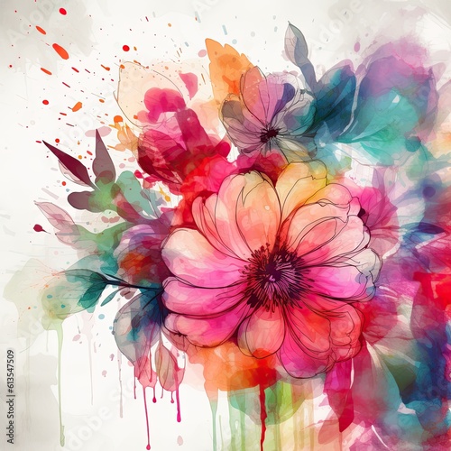 Generative Florals: A Stunning Watercolor Design Illuminated with Splashes of Colorful Ink: Generative AI