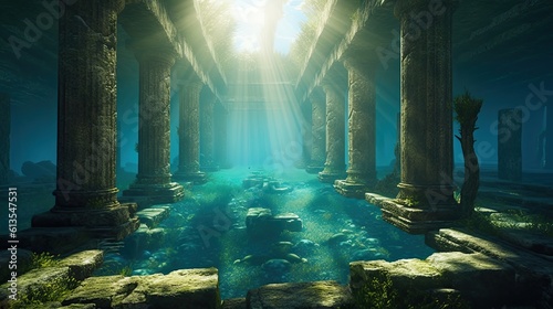 Lost in Time: Antique Temple Ruins Lying Sunken on the Seafloor, Sparkling in the Sunlight: Generative AI
