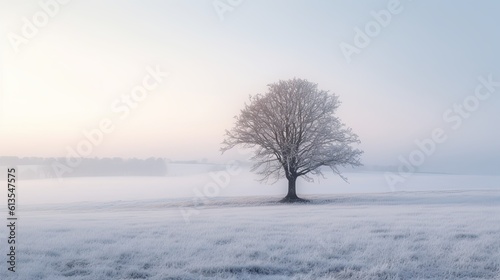 Snow-Covered Wonderland: A Lonely Tree on a Serene Winter Morning: Generative AI