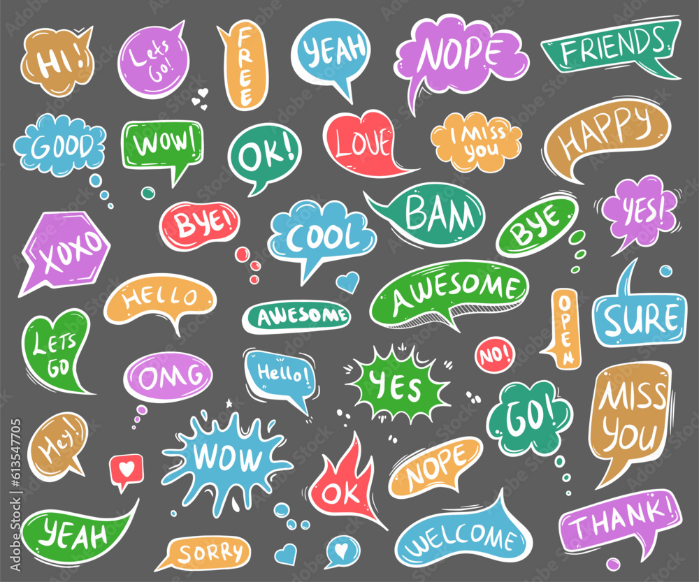 Doodle conversation clouds. Dialogue chat bubbles with small talk phrases, think or talk clouds. Doodle conversation clouds. Dialogue chat bubbles with small talk phrases, think or talk clouds.