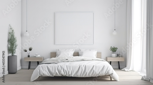 Mock up poster in white bedroom, 3d illustration, Bright color. Generative Ai © hassanmim2021