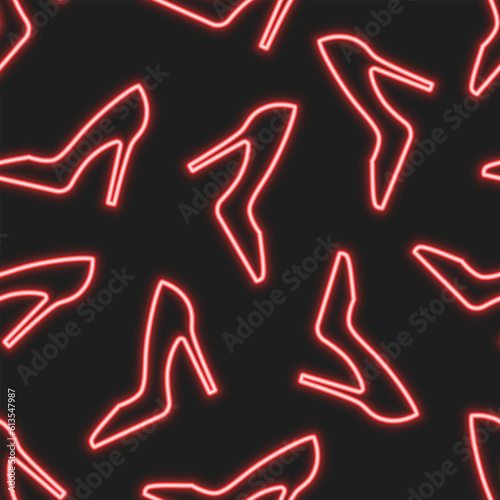Women's neon red shoes on black background. Vector seamless pattern. Best for textile, print, wrapping paper, package and festive decoration.