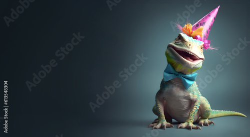 Fototapeta Naklejka Na Ścianę i Meble -  Creative animal concept. Lizard reptile in party cone hat necklace bowtie outfit isolated on solid pastel background advertisement, copy text space. birthday party invite invitation 