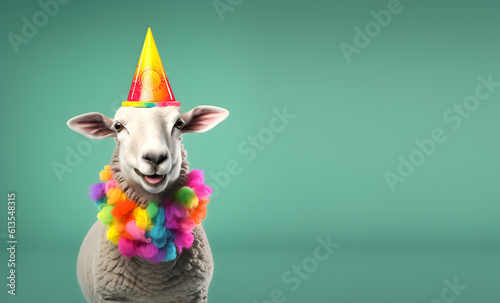 Creative animal concept. Sheep lamb in party cone hat necklace bowtie outfit isolated on solid pastel background advertisement, copy text space. birthday party invite invitation