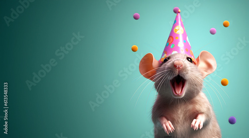 Fototapeta Naklejka Na Ścianę i Meble -  Creative animal concept. Mouse rodent in party cone hat necklace bowtie outfit isolated on solid pastel background advertisement, copy text space. birthday party invite invitation