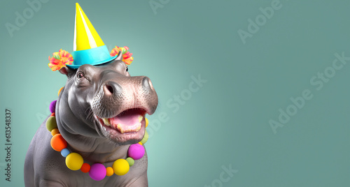 Creative animal concept. Hippo hippopotamus in party cone hat necklace bowtie outfit isolated on solid pastel background advertisement, copy text space. birthday party invite invitation 